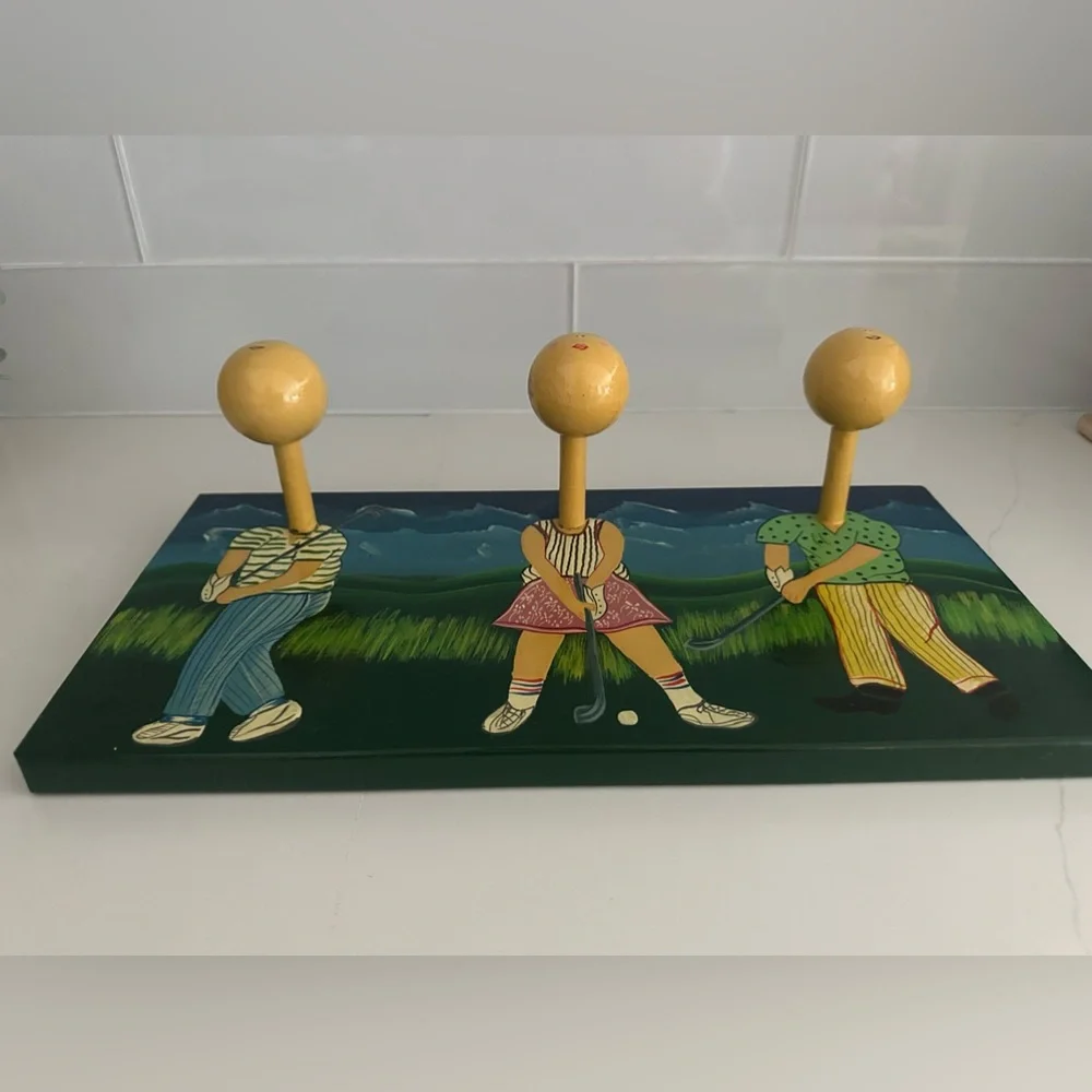 Golf Golfing Ball Wood Plaque Holder Painted HANDMADE FOLK-ART Coat Rack unique